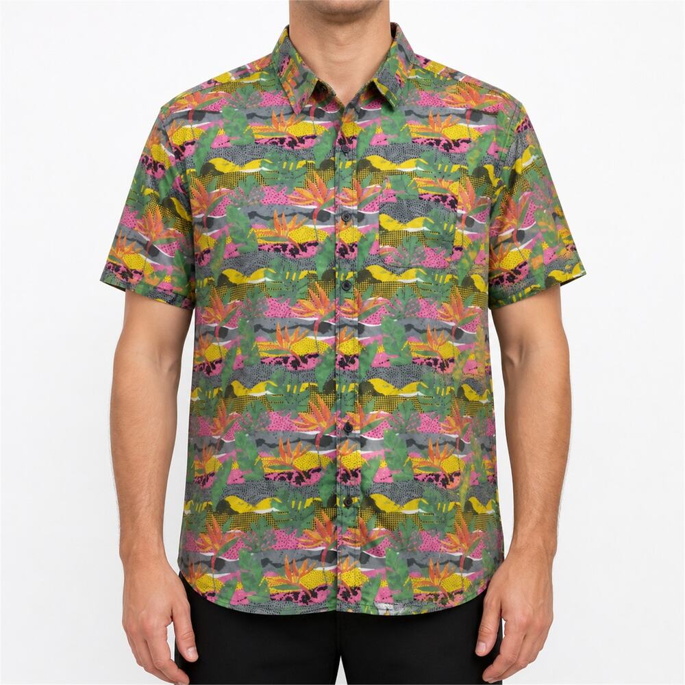 Massive Shirt Mens Large Pink Green Gray Floral Short Sleeve Classic Button-Down